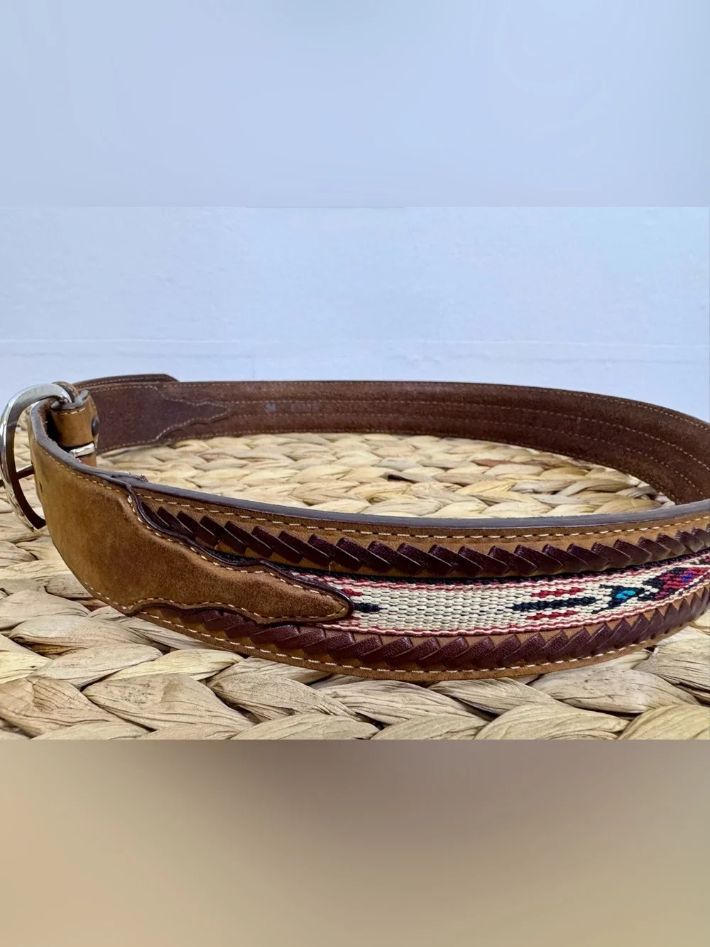 Silver Creek Men's Leather Western Belt Size 34 Southwestern Woven Brown